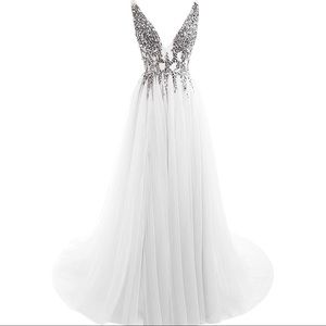 Sexy Deep V Neck Sequins Beads Tulle and Lace High Split Long Evening Dress